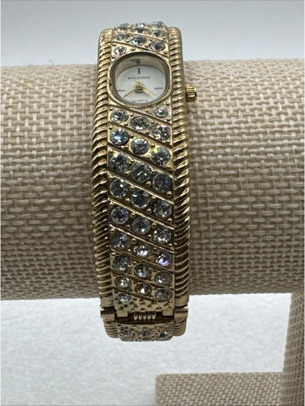 Vintage Pedre Gold Tone Bangle Watch Studded With Rhinestones New Battery W/Box